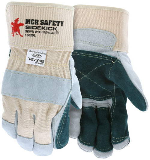 16025L_ - 16025L - 122385 - Double leather palm industrial gloves pair – MCR Safety Group 16025 with premium split side leather, reinforced fingers, and 2.5-inch rubberized cuff