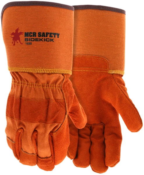 1690_ - 16090 - 136972 - Leather palm industrial gloves pair – MCR Safety Group 1690 with premium A grade split side leather and 4.5-inch rubberized gauntlet cuff for construction tasks