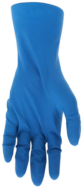 5049_ - 5049L - 20942 - Palm view of 11 mil blue latex medical‑grade glove, fentanyl‑tested, double chlorinated, textured grip, and food‑safe materials