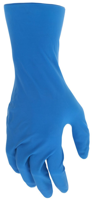 5049_ - 5049L - 20939 - Back view of 11 mil blue latex medical‑grade glove, fentanyl‑tested, double chlorinated, with textured grip and food‑safe materials