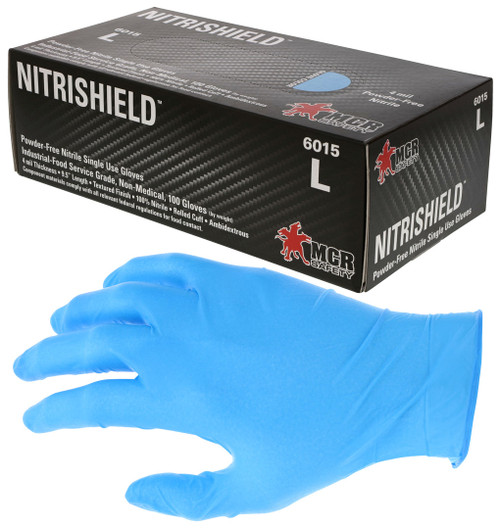 6015_ - 6015L - 1478 - 4 mil blue nitrile disposable glove, rolled cuff and textured grip, powder‑free and food‑contact compliant at 9.5 inches long
