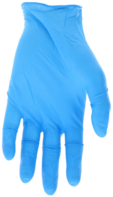 6015_ - 6015L - 126897 - palm view 4 mil blue nitrile disposable glove, textured grip, powder‑free and food‑contact compliant at 9.5 inches long