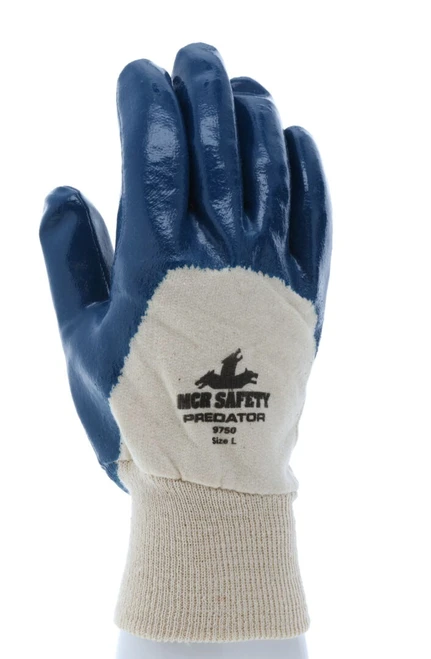 9750_ - 9750 - 129467 - 360 - Nitrile coated work gloves – MCR Safety Group 9750 Predator® – blue nitrile palm glove with jersey lining and knit wrist for industrial applications