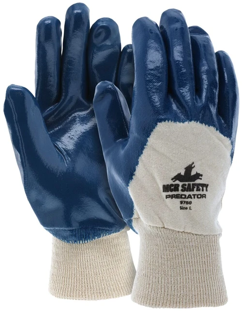 9750_ - 9750 - 129493 - Nitrile coated work gloves pair – MCR Safety Group 9750 with blue nitrile palm protection, soft jersey lining, and secure knit wrist construction