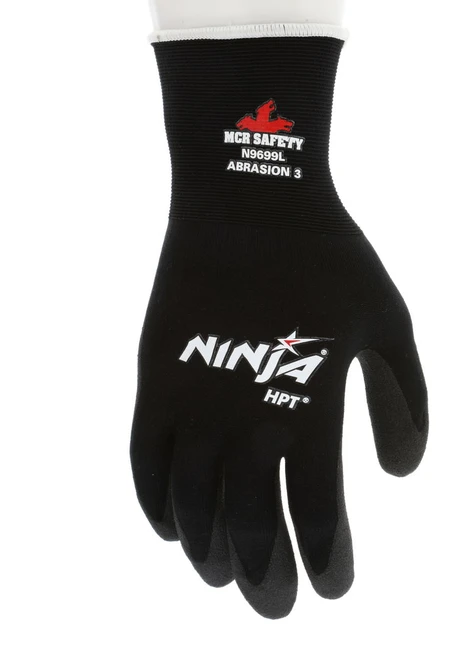 N9699_ - N9699L - 21433 - 360 - Coated work gloves – MCR Safety Group N9699 Ninja® HPT – 15-gauge black nylon shell with HPT coated palm and fingertips