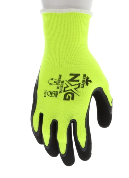 96731HV_ - 96731HVL - 156568- 360 - High visibility work gloves – MCR Safety Group 96731HV NXG® – 13-gauge hi-vis lime nylon polyester shell with black foam latex coated palm and fingertips