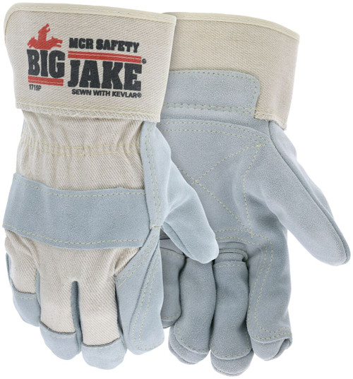 1715PL_ - 1715PL - 123101 - Double leather palm industrial gloves pair – MCR Safety Group 1715P with premium A+ split side leather, reinforced fingers, and 2.75-inch rubberized cuff
