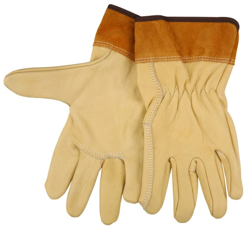 4903L_ - 4903LL - 1158 - Protective welding gloves back view – shirred elastic back, wing thumb, and russet split leather safety cuff for comfort and flexibility
