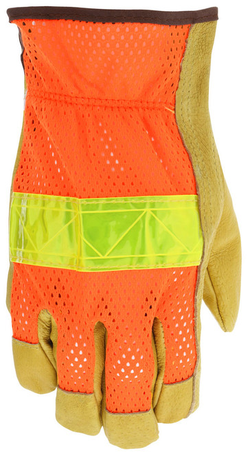 34111_ - 34111L - 30935 - High visibility work gloves back view – breathable mesh back with fluorescent lime reflective stripes and keystone thumb for all-day comfort