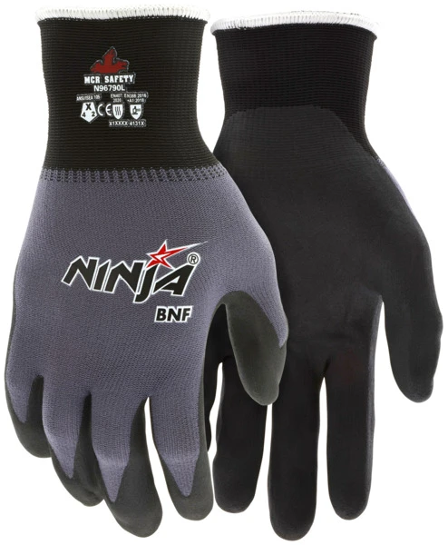 N96790_ - N96790L - 162476 - Pair of 15‑gauge nylon‑spandex gloves with BNF nitrile foam and NFT‑coated palms, offering strong wet/dry grip, dexterity, and Actifresh treatment