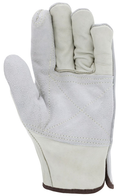 32056DP_ - 32056DPL - 23449 - Leather grip gloves palm view – grain leather double palm and index finger reinforcement enhance durability and grip for material handling applications