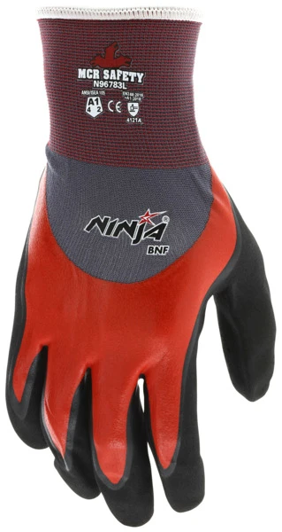 N96783_ - N96783L - 162059 - Protective work gloves back view – red over-the-knuckle nitrile coating with an 18-gauge nylon and spandex shell for flexibility and extended wear protection
