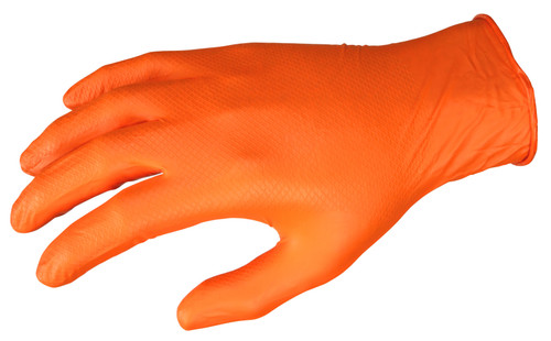 6016O_ - 6016OL - 1495 - Side view 6 mil orange nitrile disposable glove, fentanyl‑tested, powder‑free, textured, touchscreen friendly, and latex‑free