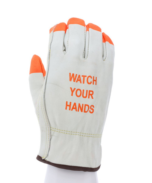 3215PI_ - 3215PIL - 30710 - 360 - Leather driver work gloves – MCR Safety Group 3215PI – grain cowskin leather with orange safety accents and high-visibility fingertips