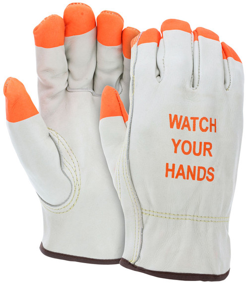 3215PI_ - 3215PIL - 927 - High visibility leather driver gloves pair – MCR Safety Group 3215PI with C grade grain cowskin leather and orange fingertips for safety awareness