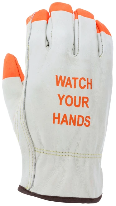 3215PI_ - 3215PIL - 30734 - High visibility work gloves back view – Watch Your Hands® logo with orange accents promotes safety awareness during industrial tasks