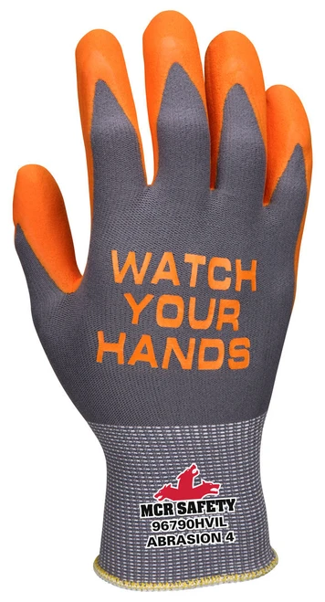 96790HVI_ - 96790HVIL - 2710 - Protective high visibility work gloves back view – orange Watch Your Hands® logo and 15-gauge gray nylon shell provide visibility, comfort, and all-day wear performance