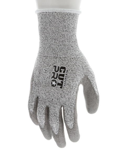92752_ - 92752L - 158244 - 360 - Rotating view of HPPE cut and abrasion resistant work gloves with gray polyurethane coated palm and fingers