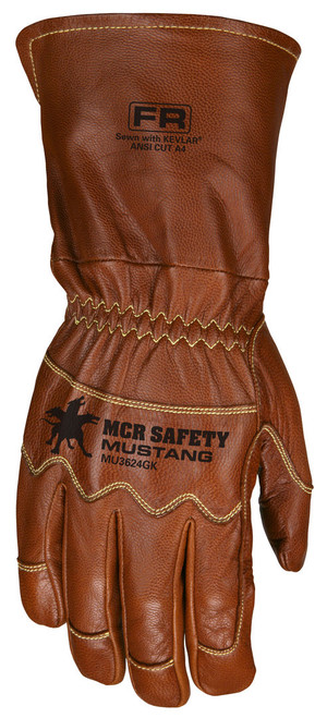 MU3624GK_ - MU3624GKL - 3314 - Protective FR work gloves back view – goatskin back with Kevlar® stitching, extended gauntlet cuff, and wing thumb for maximum protection and flexibility