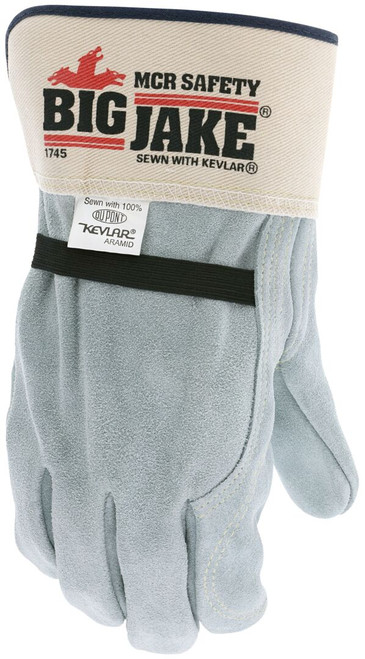 1745_ - 1745L - 123283 - Protective leather work gloves back view – full leather back with elastic strap and 2.5-inch rubberized safety cuff for secure fit and wrist protection