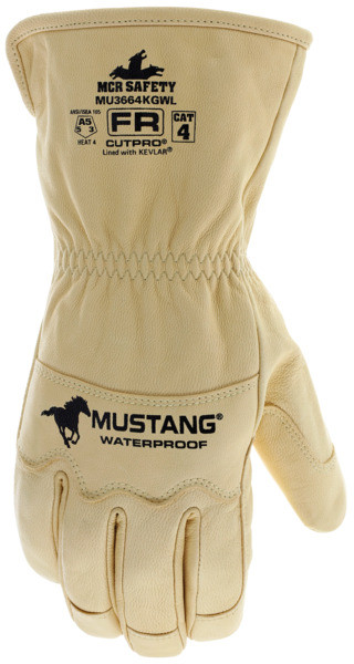 MU3664KGW_ - MU3664KGW - 137504 - Protective FR work gloves back view – goatskin back with Kevlar® stitching, waterproof layer, and extended gauntlet cuff for high-risk environments
