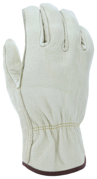 M3400_ - M3400L - 142727 - Protective leather work gloves back view – grain pigskin leather with straight thumb design for comfort and extended wear performance