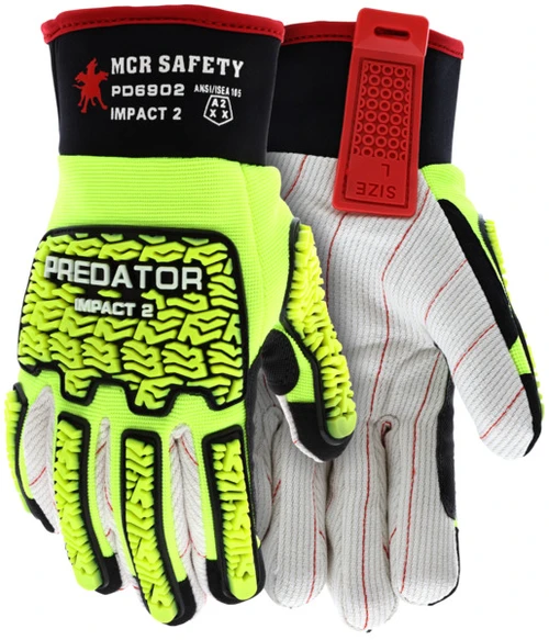 PD6902_ - PD6902L - 147571 - High visibility impact gloves pair – MCR Safety Group PD6902 with tire tread TPR protection, double palm construction, and adjustable neoprene cuff