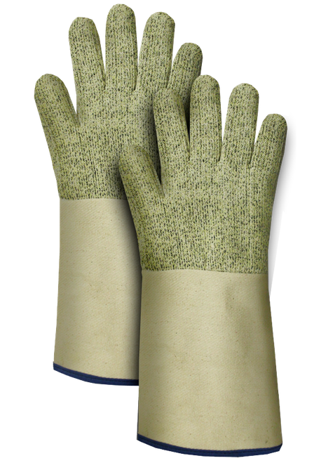 DS-A60T+ - Guante tejido tipo doble toalla de blend de aramida, con forro de algodón color amarillo jaspe, con refuerzo entre dedo pulgar e índice y puño de lona largo