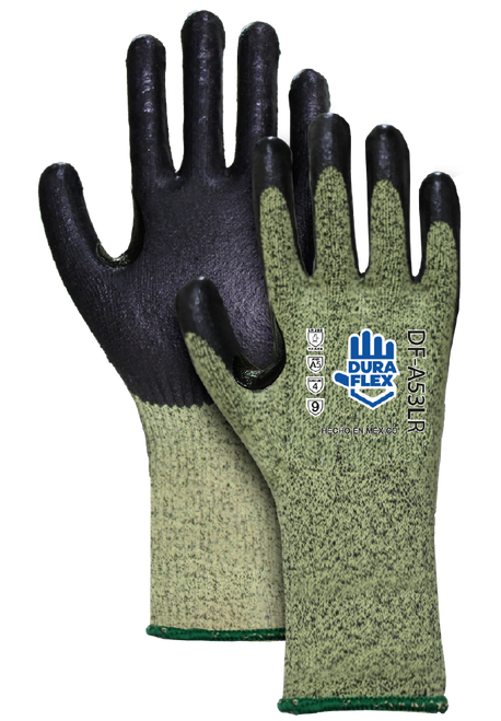 DF-A53LR - Guante tejido de blend de aramida con interior de poliéster stretch, color amarillo jaspe con recubrimiento de nitrilo espumado negro en palma, puño largo y TCR entre dedo pulgar e índice