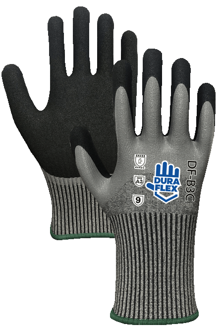 DF-B3C - Guante tejido HDPE, color gris jaspe con recubrimiento 3/4 de nitrilo laminado gris y nitrilo arenado negro en palma