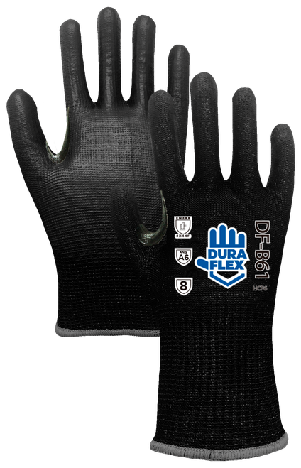 DF-B61R - ro en palma Guante tejido de blend de HDPE y fibras sintéticas,  color negro con recubrimiento de poliuretano negro  en palma con TCR entre dedo pulgar e índice