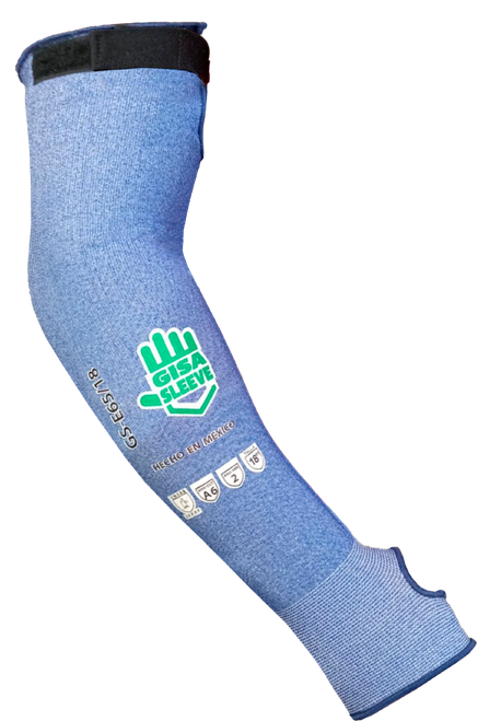 GS-E65 - Manga tejida de blend de tungsteno y fibras sintéticas, color azul jaspe, con orificio para sujeción en dedo pulgar y velcro en la parte alta del antebrazo