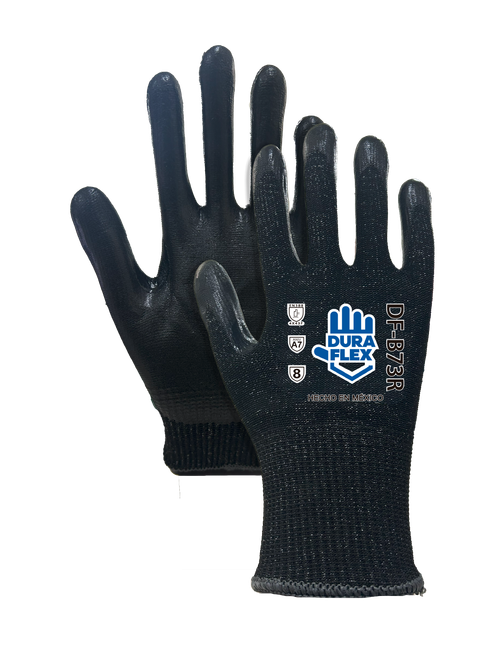 DF-B73R - Guante tejido de blend de HDPE y fibras sintéticas, color negro con recubrimiento de nitrilo espumado negro en palma y TCR entre dedo pulgar e índice