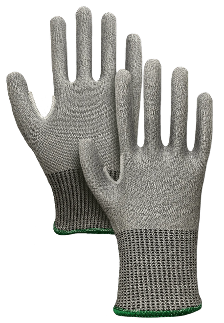 DS-B40R - Guante tejido de blend de HDPE, color gris jaspe con refuerzo entre dedo pulgar e índice