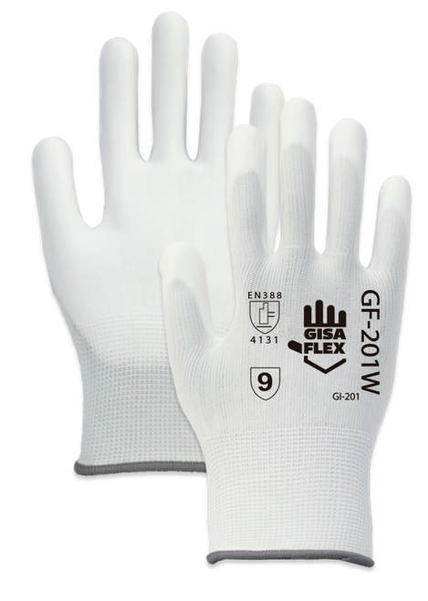 GF-201W - Guante tejido de poliéster, color blanco con recubrimiento de poliuretano blanco en palma