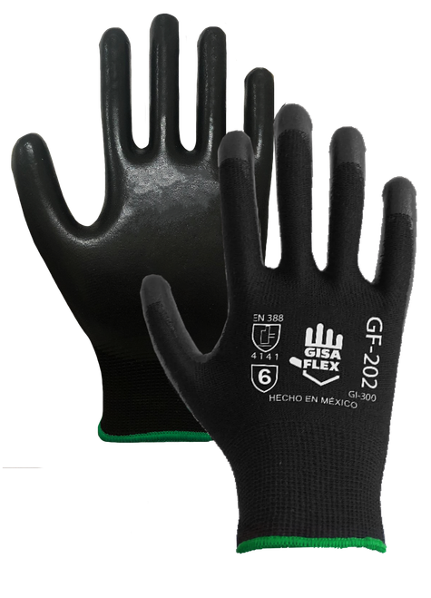 GF-202 - Guante tejido de poliéster, color negro con recubrimiento de nitrilo laminado negro en palma
