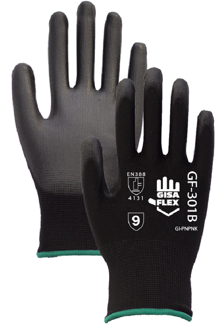 GF-301B - Guante tejido de nylon, color negro con recubrimiento de poliuretano negro en palma