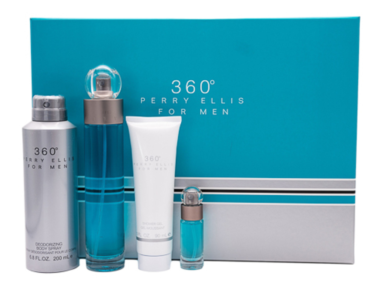 360 by Perry Ellis 4pc Gift Set EDT 3.4 oz Deodorant Body Spray 6.8 oz Shower Gel 3.0 oz Mini 0.25 oz for Men