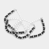 Fashionista 4PCS Faux Leather Braided Pearl Multi Layered Bracelet - Black
