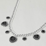 Fortune Heart Round Stone Pendant Station Necklace - Black/Silver