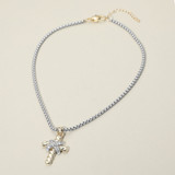 Cross of Devotion 14K Gold Plated Two Tone CZ Stone Paved Cross Pendant Necklace - Two Tone