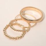 Golden Rhythm 4PCS - Metal Ball Beaded Stretch Ribbed Bangle Multi Layered Bracelets - Gold