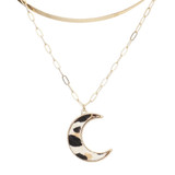Untamed Leopard Patterned Genuine Leather Crescent Moon Pendant Double Layered Necklace - Gold
