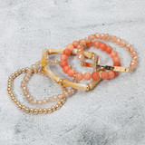 Harmony & Grace 5PCS - Metal Cross Accent Resin Bamboo Bar Faceted Beaded Stretch Multi Layered Bracelets - Coral Pink