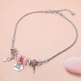 "Never Never Give Up" Disc Wing Pink Ribbon Charm Multi Beaded Necklace- Pink