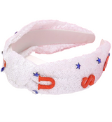 USA Patriotic Star Embellished Sequin Knot Headband - Red White Blue