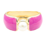 Glam Majesty Bold Central Pearl Accent Wide Enamel Hinged Bangle Bracelet - Fuchsia/Gold