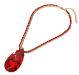 Bling Majesty Oversize Teardrop Glass Stone Bling Studded Chain Necklace - Red