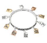 Spiritual Statement Ten Commandments Message Charm Station Stretch Bracelets - Antique Silver