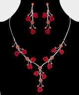 Everly Vine Rhinestone Embellished Rose Flower Cluster Necklace - Red